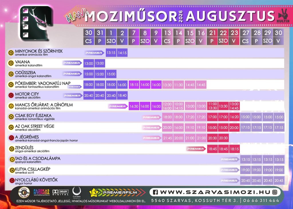 Szarvasi Mozi - augusztusi műsorok